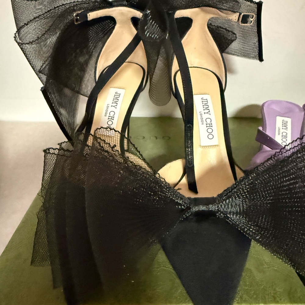 Jimmy Choo Black Tulle Pointed Toe Ankle-Strap Heels